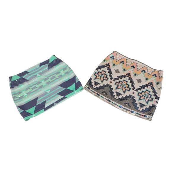 Express Skirt Women's XS Teal & Peach Aztec Print Sequin Mini Boho Lot of 2 - Picture 3 of 9
